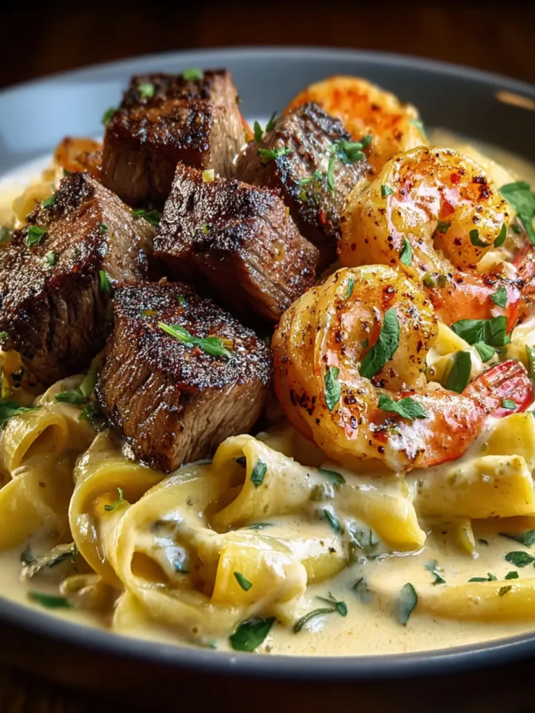 Mouthwatering Blackened Steak Shrimp Alfredo Recipe First Image