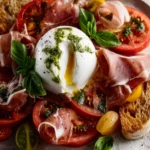 Heirloom Tomato, Prosciutto & Burrata with Garlic-Basil Oil First Image
