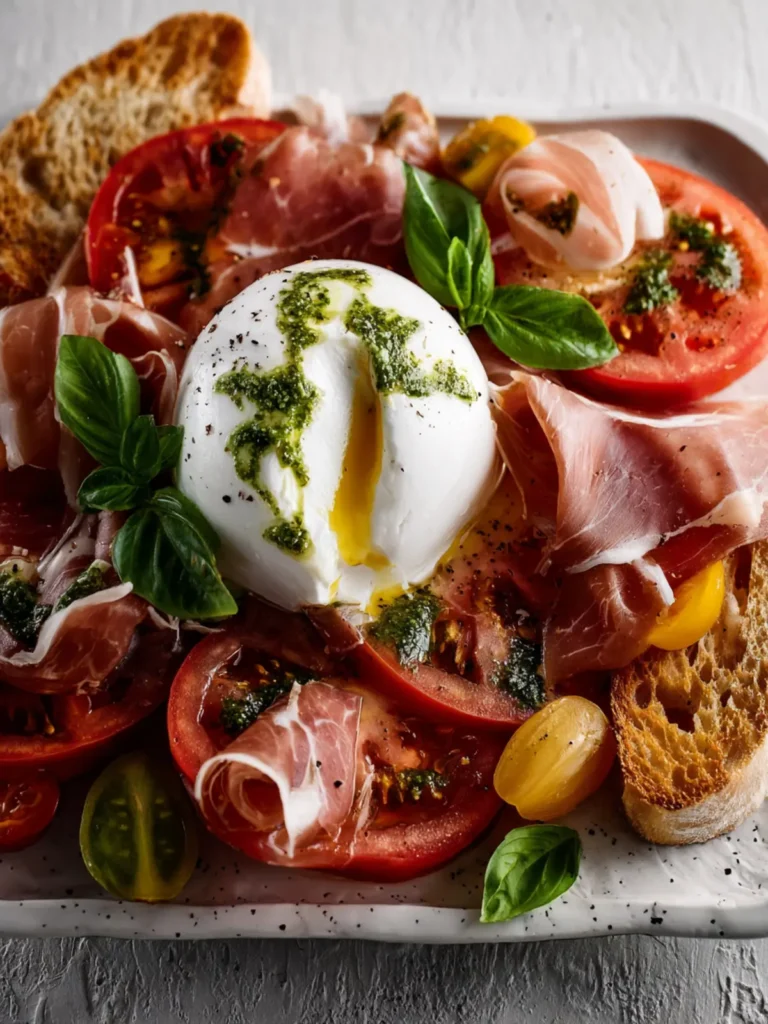 Heirloom Tomato, Prosciutto & Burrata with Garlic-Basil Oil First Image